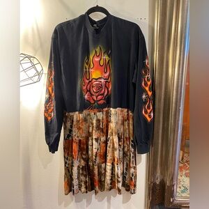 OOAK Upcycled Black Flame Rose Graphic Dress with Tie-Dye Skirt